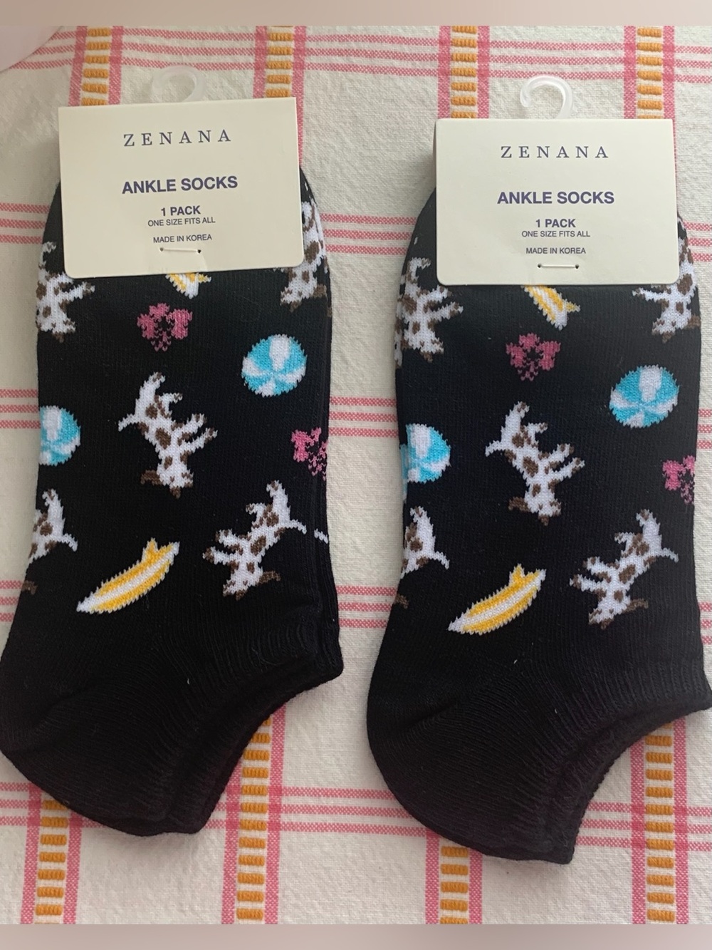 ZENANA Dalmatian Beach Fun Ankle Socks-Black,Pink,Turquoise,Yellow-(2-Pair)- NWT